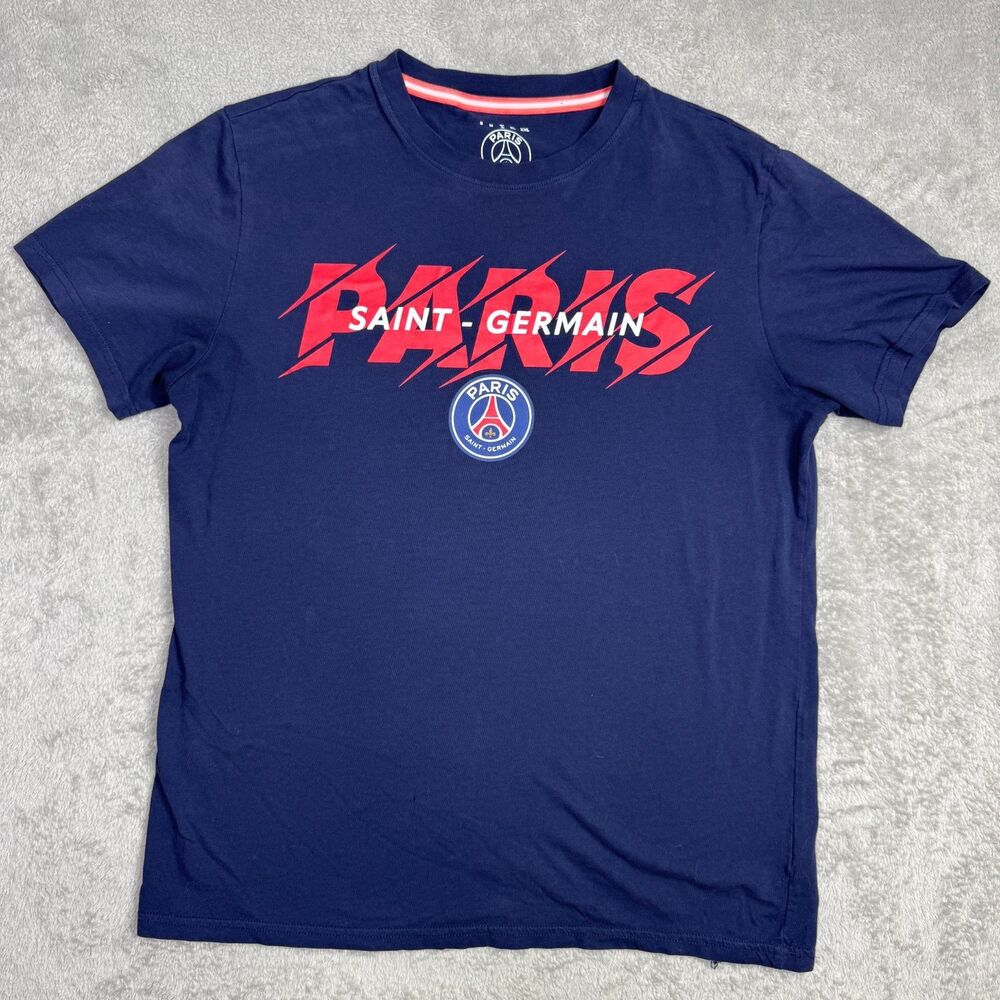 PSG Paris Saint Germain Core Shred T Shirt Men L Blue Spellout Logo Short Sleeve